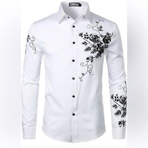 ZEROYAA Men's Rose Floral Printed Slim Fit Long Sleeve Button Up Dress Shirts